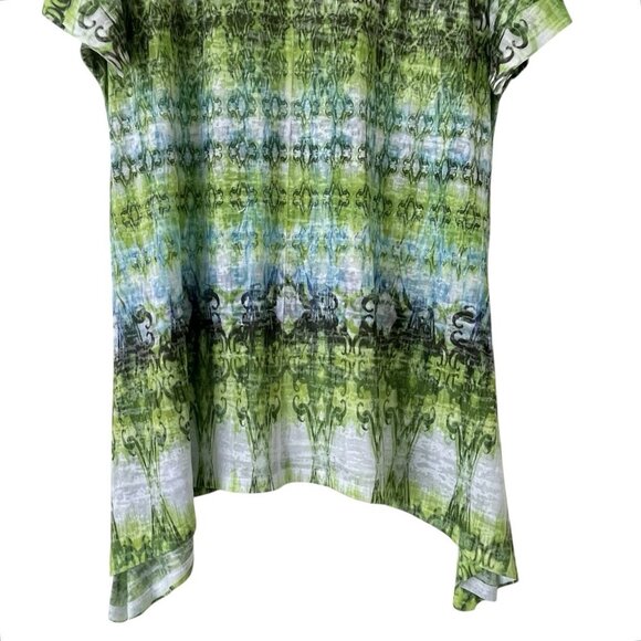 Jess & Jane Womens Tie Dye Tunic Top L Artsy Rhinestone Shark Bite Green Blouse - Picture 8 of 13
